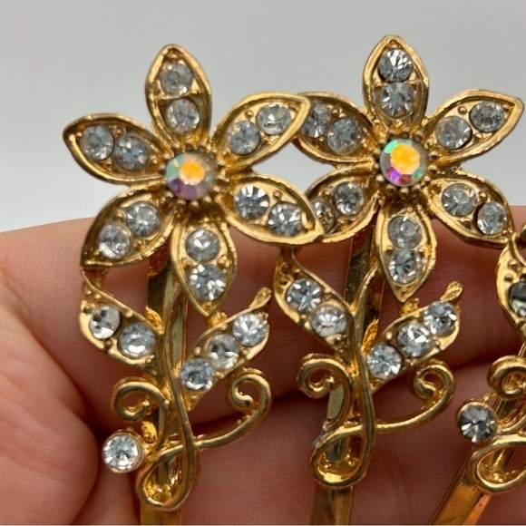 Set of 4 Floral Rhinestone Hair Bobby Pins Leaves Aurora Borealis Sparkle Beads - Picture 4 of 7